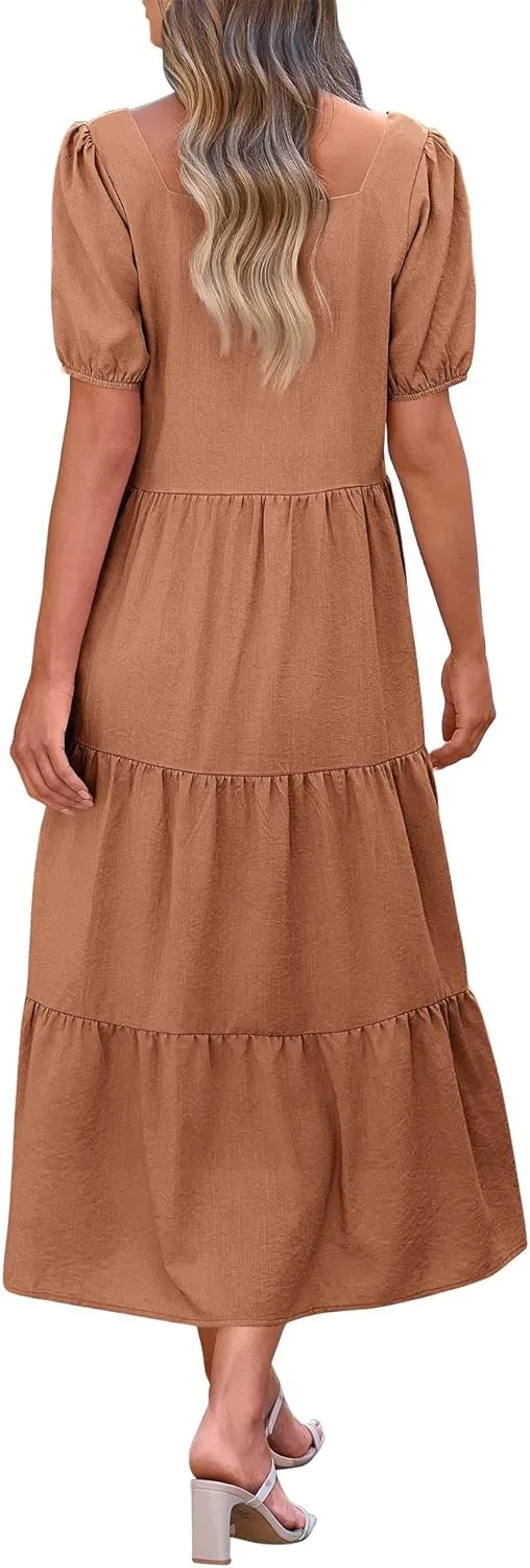 KIRUNDO Women Summer Dresses 2024 Spring Fashion Boho Puff Sleeve Square Neck Pocketed Loose Fit Tiered Flowy Maxi Dress