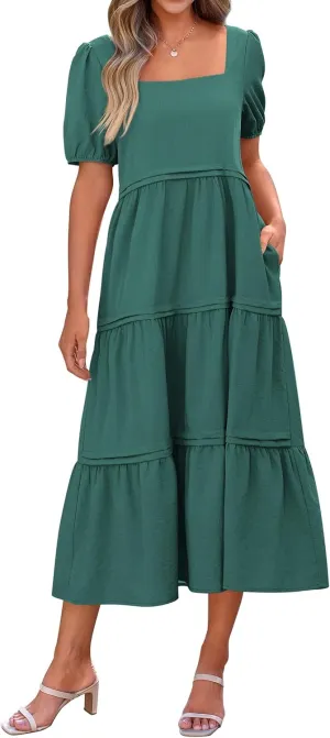 KIRUNDO Women Summer Dresses 2024 Spring Fashion Boho Puff Sleeve Square Neck Pocketed Loose Fit Tiered Flowy Maxi Dress