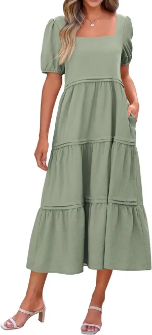 KIRUNDO Women Summer Dresses 2024 Spring Fashion Boho Puff Sleeve Square Neck Pocketed Loose Fit Tiered Flowy Maxi Dress