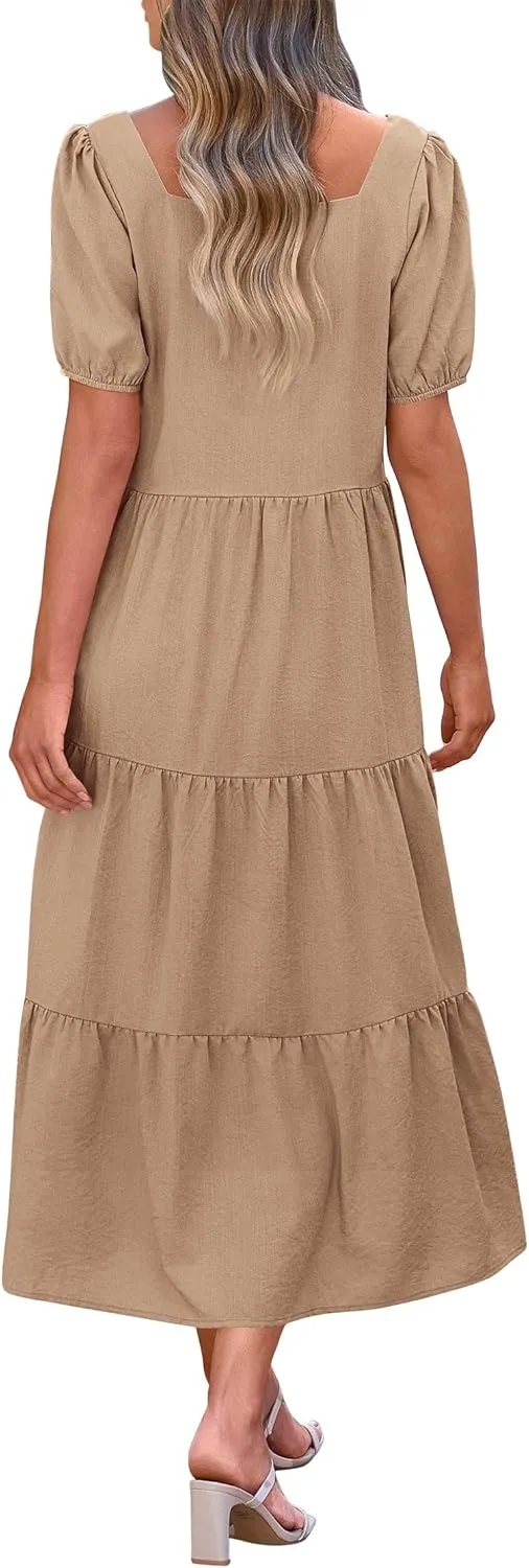 KIRUNDO Women Summer Dresses 2024 Spring Fashion Boho Puff Sleeve Square Neck Pocketed Loose Fit Tiered Flowy Maxi Dress