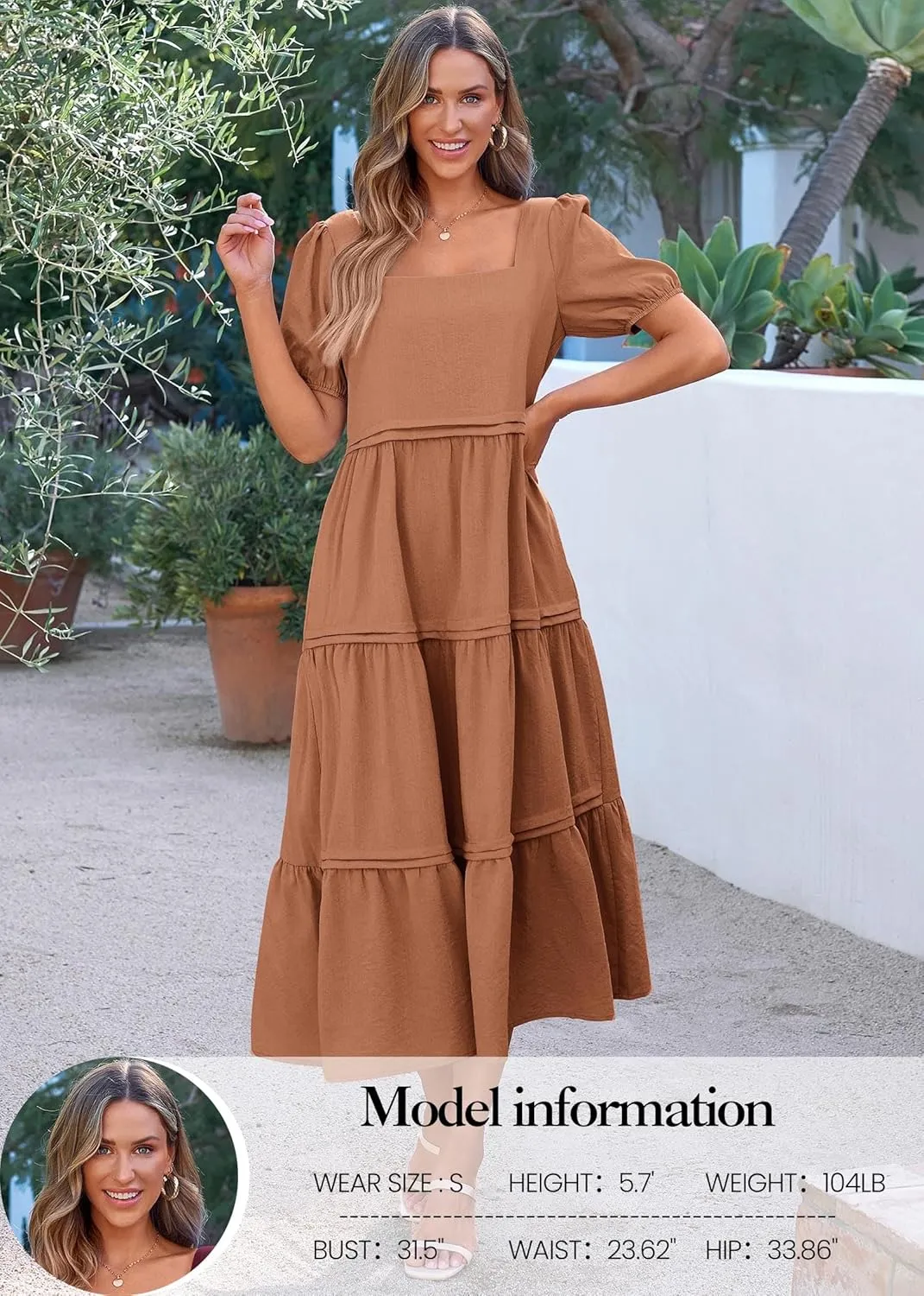 KIRUNDO Women Summer Dresses 2024 Spring Fashion Boho Puff Sleeve Square Neck Pocketed Loose Fit Tiered Flowy Maxi Dress