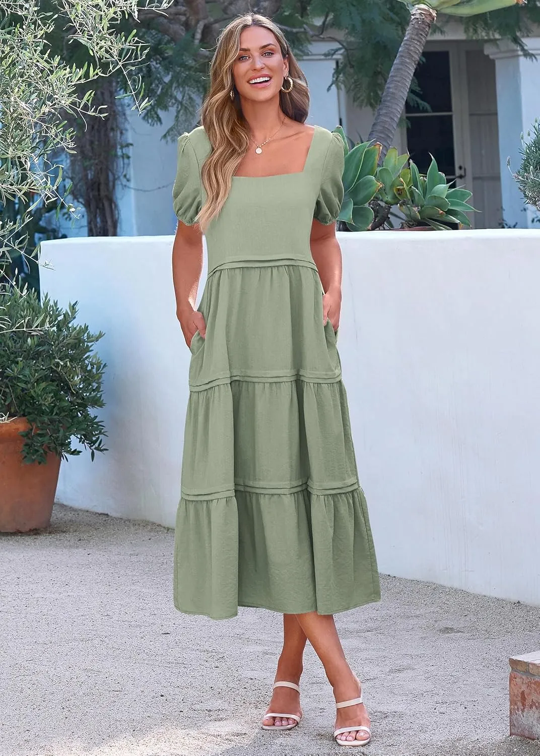 KIRUNDO Women Summer Dresses 2024 Spring Fashion Boho Puff Sleeve Square Neck Pocketed Loose Fit Tiered Flowy Maxi Dress