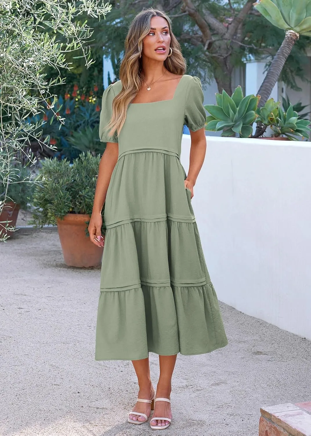 KIRUNDO Women Summer Dresses 2024 Spring Fashion Boho Puff Sleeve Square Neck Pocketed Loose Fit Tiered Flowy Maxi Dress