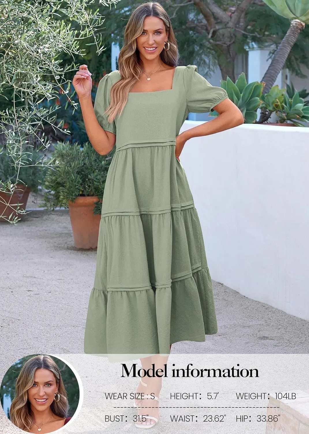 KIRUNDO Women Summer Dresses 2024 Spring Fashion Boho Puff Sleeve Square Neck Pocketed Loose Fit Tiered Flowy Maxi Dress