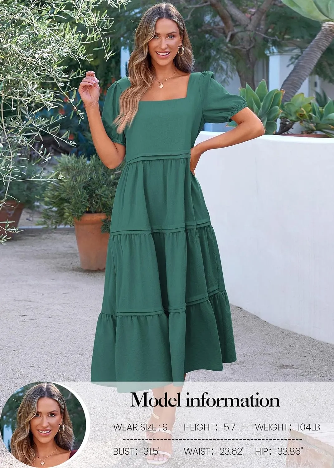 KIRUNDO Women Summer Dresses 2024 Spring Fashion Boho Puff Sleeve Square Neck Pocketed Loose Fit Tiered Flowy Maxi Dress