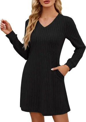 Knitted Ribbed Casual Sweater Mini Dress for Women Long Sleeve V-Neck Ruffle A-Line Dresses Outdoor Fashion Dress