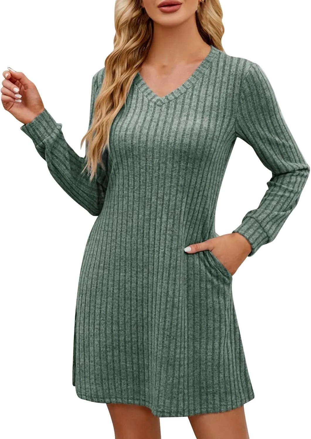Knitted Ribbed Casual Sweater Mini Dress for Women Long Sleeve V-Neck Ruffle A-Line Dresses Outdoor Fashion Dress