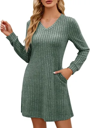 Knitted Ribbed Casual Sweater Mini Dress for Women Long Sleeve V-Neck Ruffle A-Line Dresses Outdoor Fashion Dress