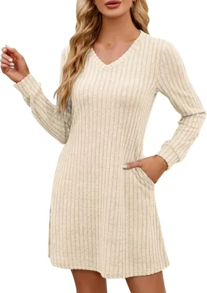 Knitted Ribbed Casual Sweater Mini Dress for Women Long Sleeve V-Neck Ruffle A-Line Dresses Outdoor Fashion Dress