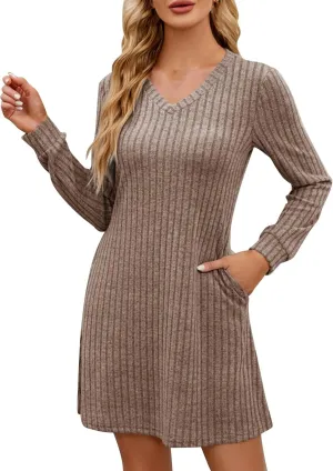 Knitted Ribbed Casual Sweater Mini Dress for Women Long Sleeve V-Neck Ruffle A-Line Dresses Outdoor Fashion Dress