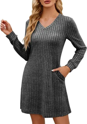 Knitted Ribbed Casual Sweater Mini Dress for Women Long Sleeve V-Neck Ruffle A-Line Dresses Outdoor Fashion Dress