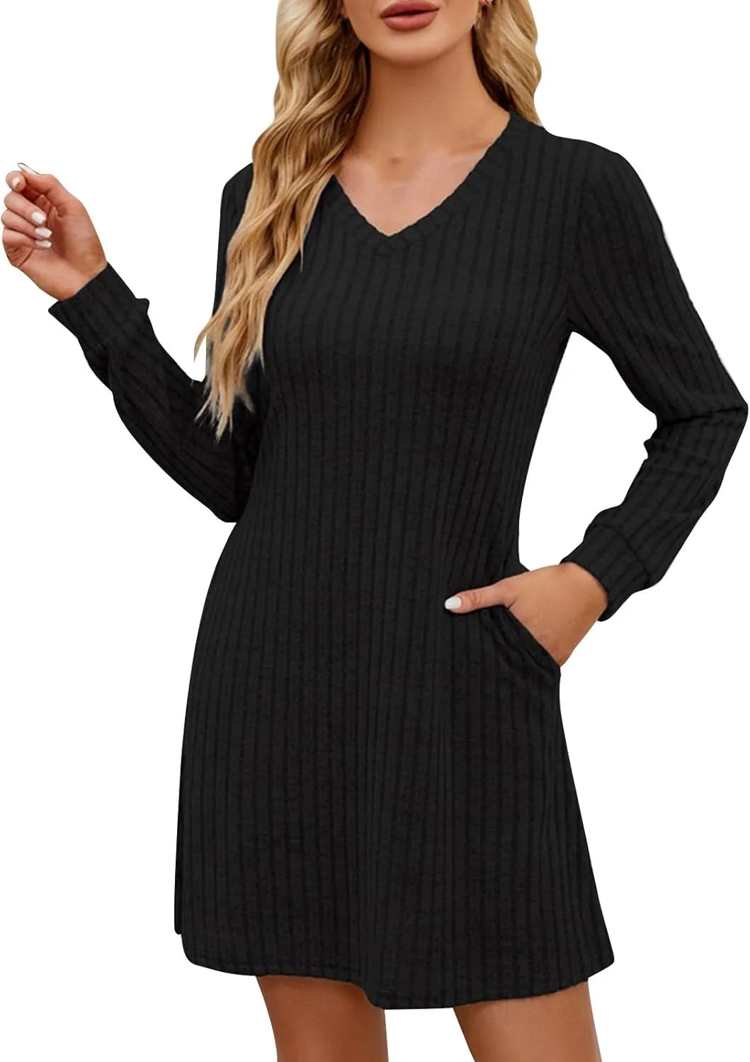 Knitted Ribbed Casual Sweater Mini Dress for Women Long Sleeve V-Neck Ruffle A-Line Dresses Outdoor Fashion Dress