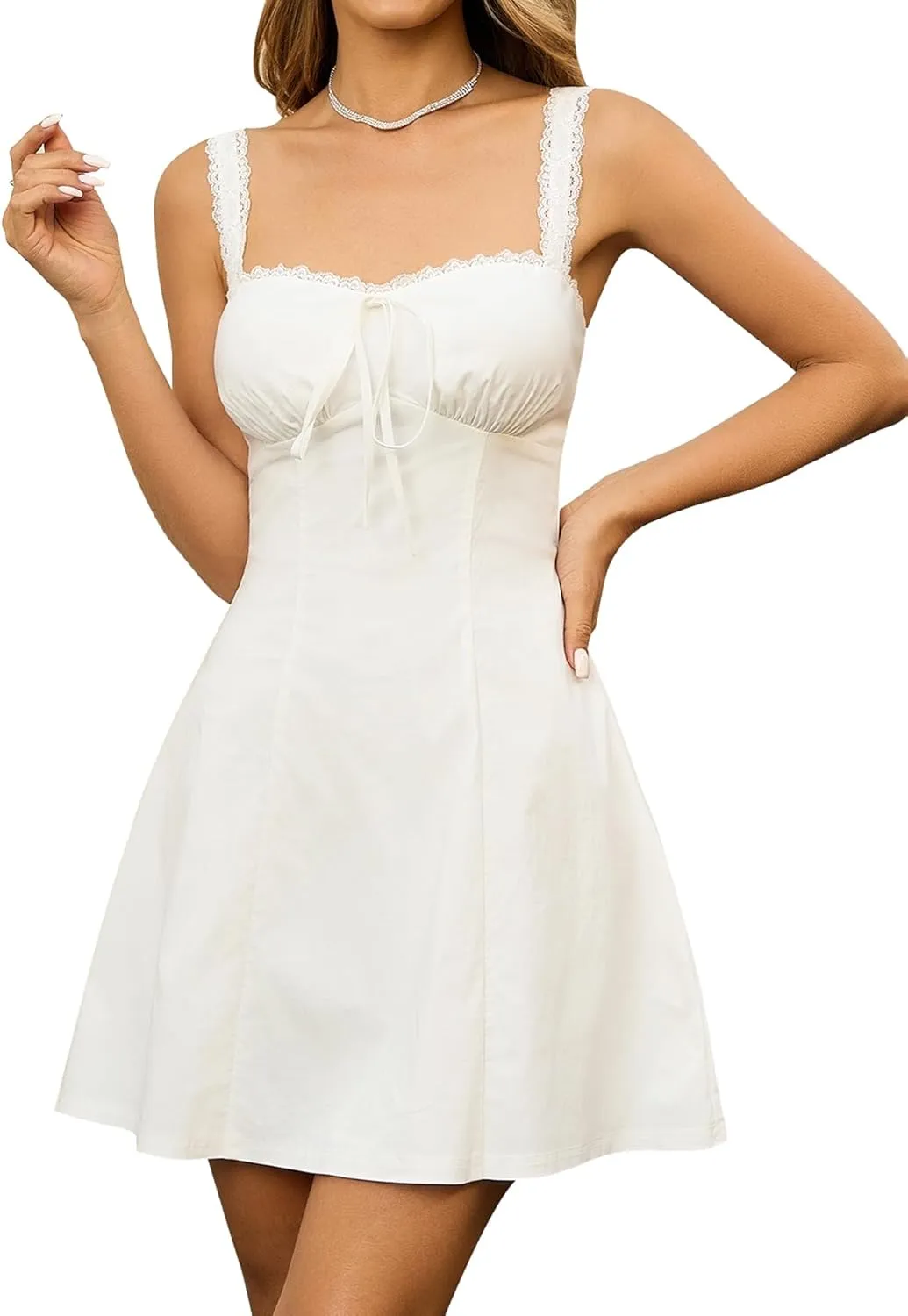 KUTUMAI Lace Square Neck Mini Dress Flowy A Line Short Graduation Dresses for Women Summer 2025