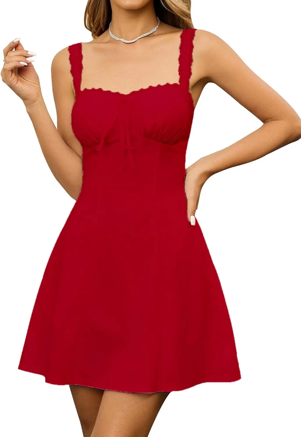 KUTUMAI Lace Square Neck Mini Dress Flowy A Line Short Graduation Dresses for Women Summer 2025