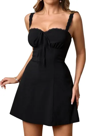 KUTUMAI Lace Square Neck Mini Dress Flowy A Line Short Graduation Dresses for Women Summer 2025