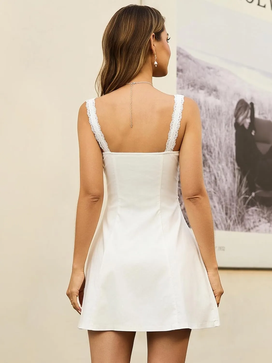 KUTUMAI Lace Square Neck Mini Dress Flowy A Line Short Graduation Dresses for Women Summer 2025