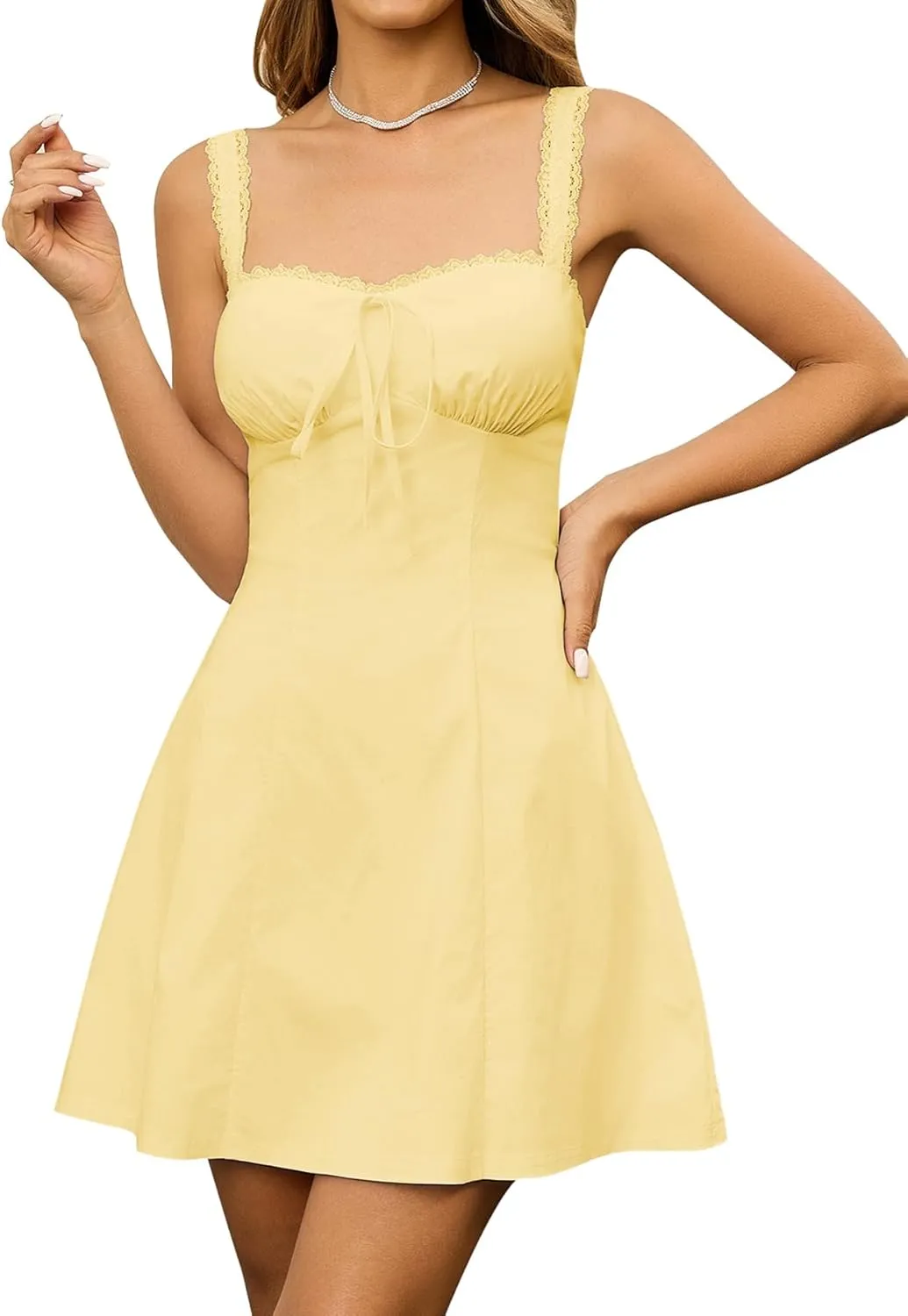 KUTUMAI Lace Square Neck Mini Dress Flowy A Line Short Graduation Dresses for Women Summer 2025