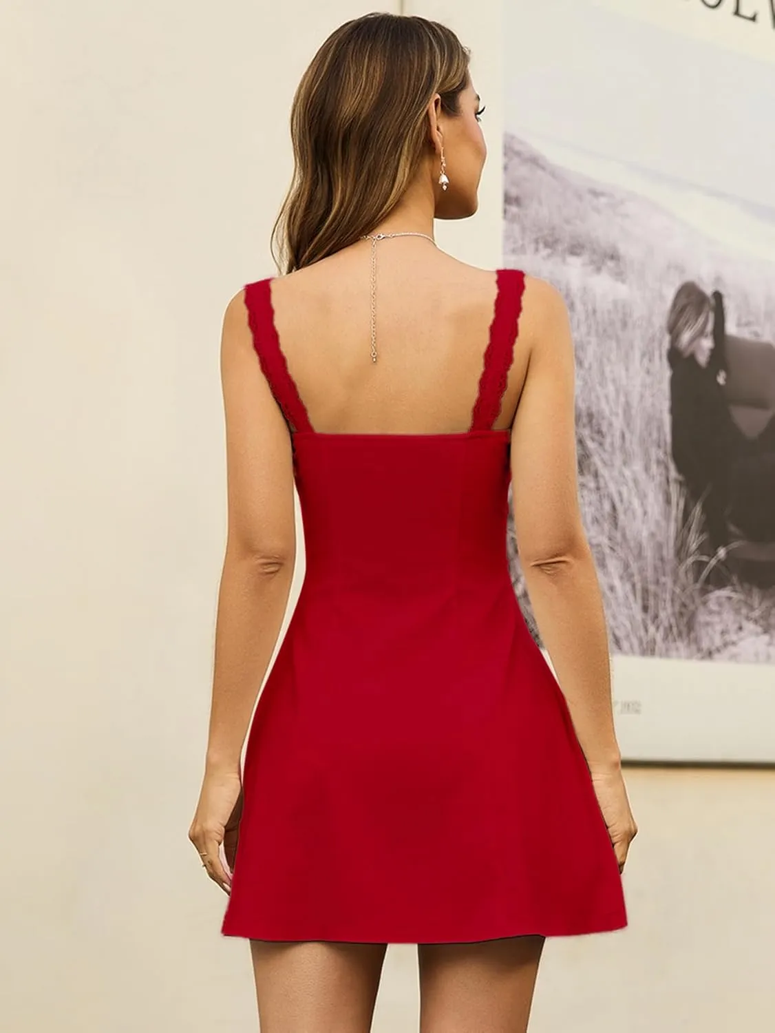 KUTUMAI Lace Square Neck Mini Dress Flowy A Line Short Graduation Dresses for Women Summer 2025