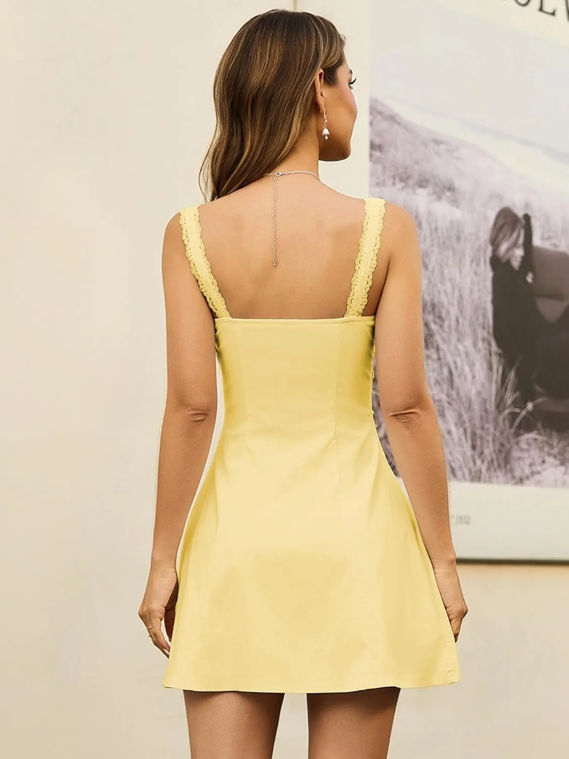 KUTUMAI Lace Square Neck Mini Dress Flowy A Line Short Graduation Dresses for Women Summer 2025