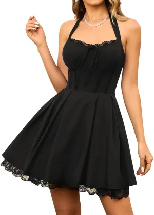KUTUMAI Women Summer Lace Corset Mini Dress Bow Halter Flowy A Line Ruffle Swing Short Graduation Dresses 2025