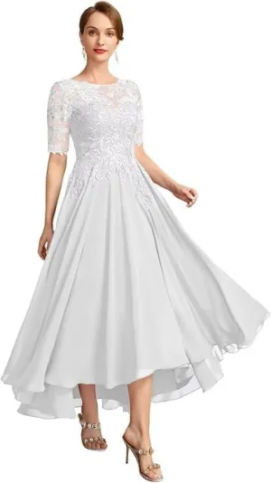 Lace Applique Bridal Gown Tea Length Chiffon A-line Formal Evening Gown