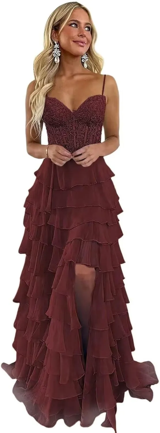 Lace Applique Prom Dresses for Women 2025 with Slit Chiffon Tiered Formal Evening Dresses Sweetheart Ball Gowns