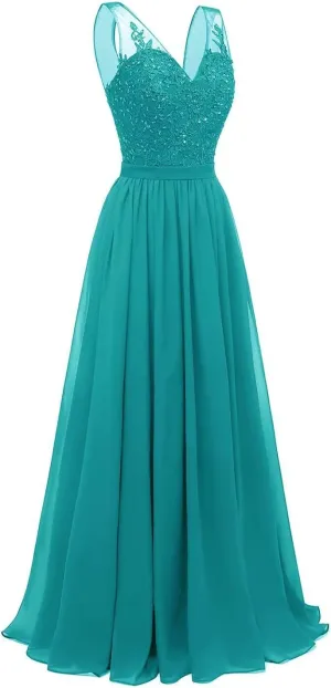 Lace Appliques Bridesmaid Dresses for Women Long Chiffon V Neck Prom Dress A-line Formal Evening Party Gowns