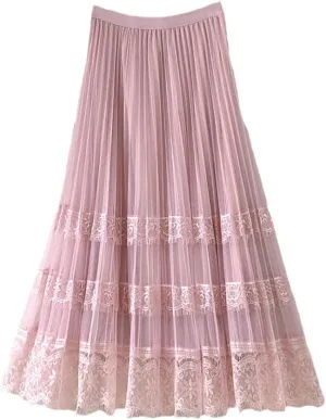 Lace Mesh Pleated Summer Skirts Women Fashion High Waist Elegant Office Ladies Tulle Midi Skirt