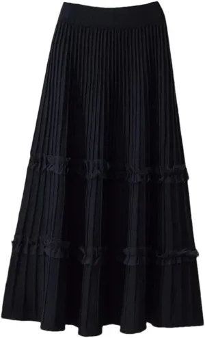 Lace Ruffle Knitted Midi Pleated Skirt Women Autumn Winter High Waist Umbrella Solid Skirt Stitching A-Line Long Skirt