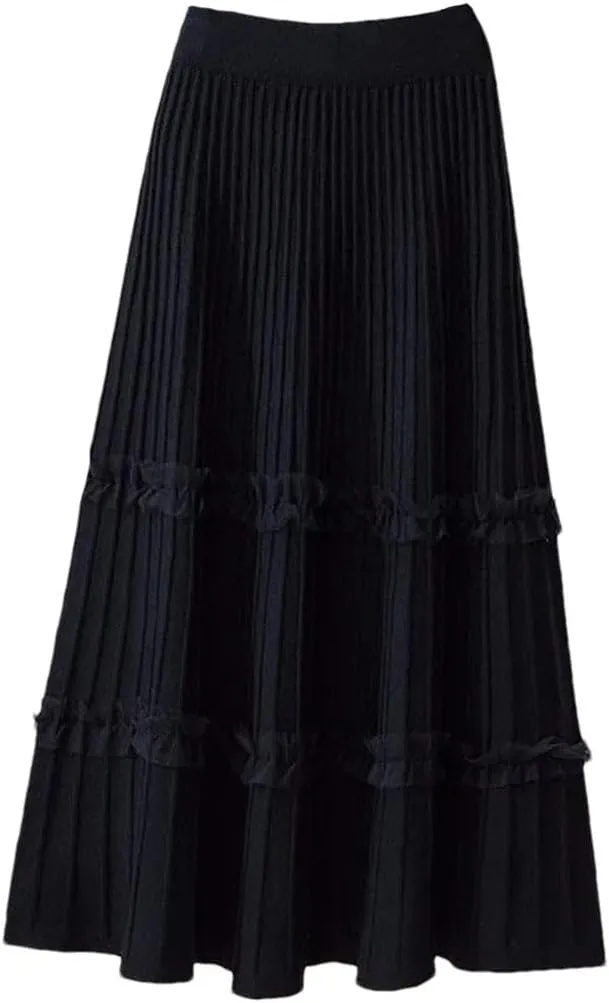 Lace Ruffle Knitted Midi Pleated Skirt Women Autumn Winter High Waist Umbrella Solid Skirt Stitching A-Line Long Skirt