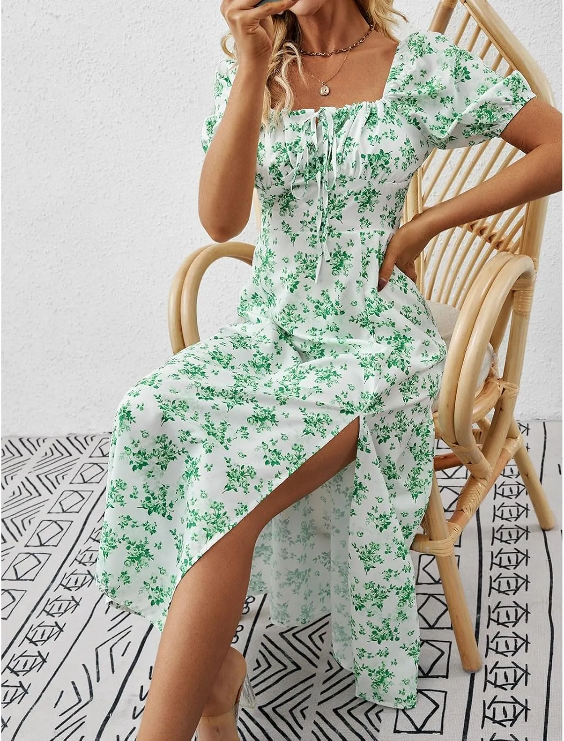 Ladies Floral Style Dress Midi Vacation Party Puff Short Sleeve Fashion Casual Side Slit Loose Fit Daily Wear Dresses