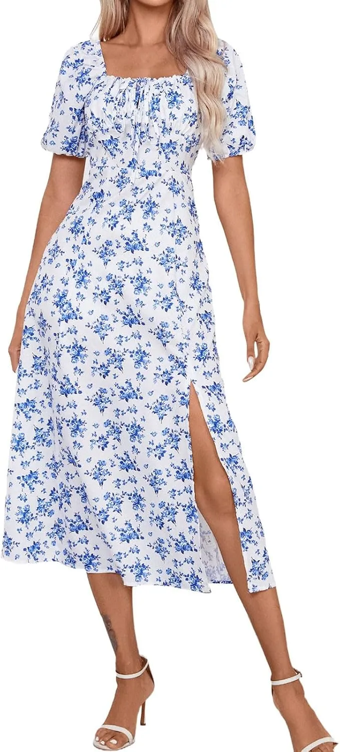 Ladies Floral Style Dress Midi Vacation Party Puff Short Sleeve Fashion Casual Side Slit Loose Fit Daily Wear Dresses