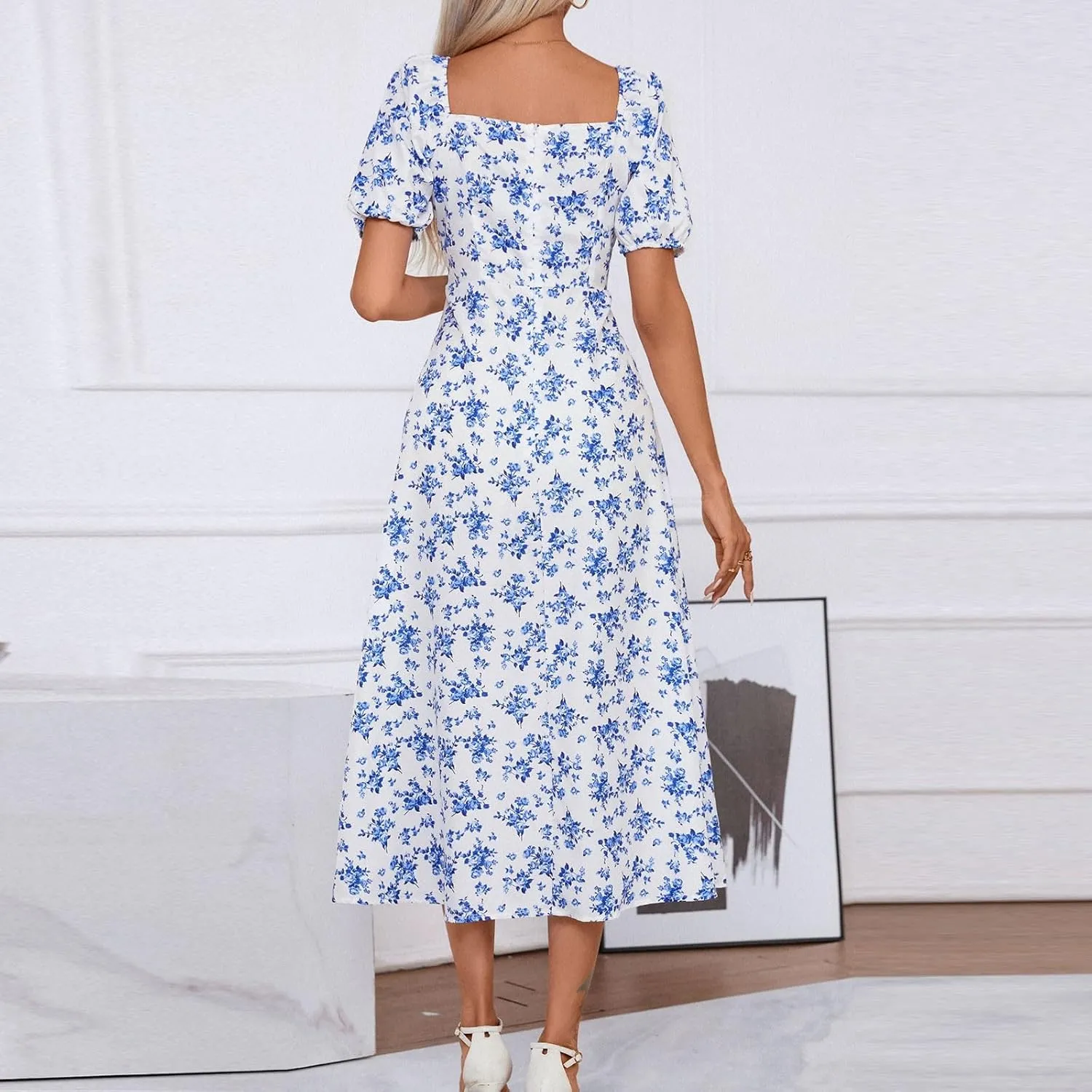 Ladies Floral Style Dress Midi Vacation Party Puff Short Sleeve Fashion Casual Side Slit Loose Fit Daily Wear Dresses