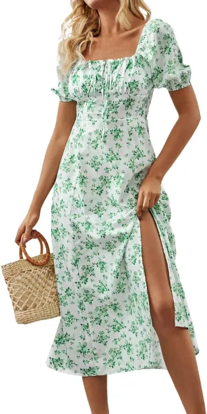 Ladies Floral Style Dress Midi Vacation Party Puff Short Sleeve Fashion Casual Side Slit Loose Fit Daily Wear Dresses