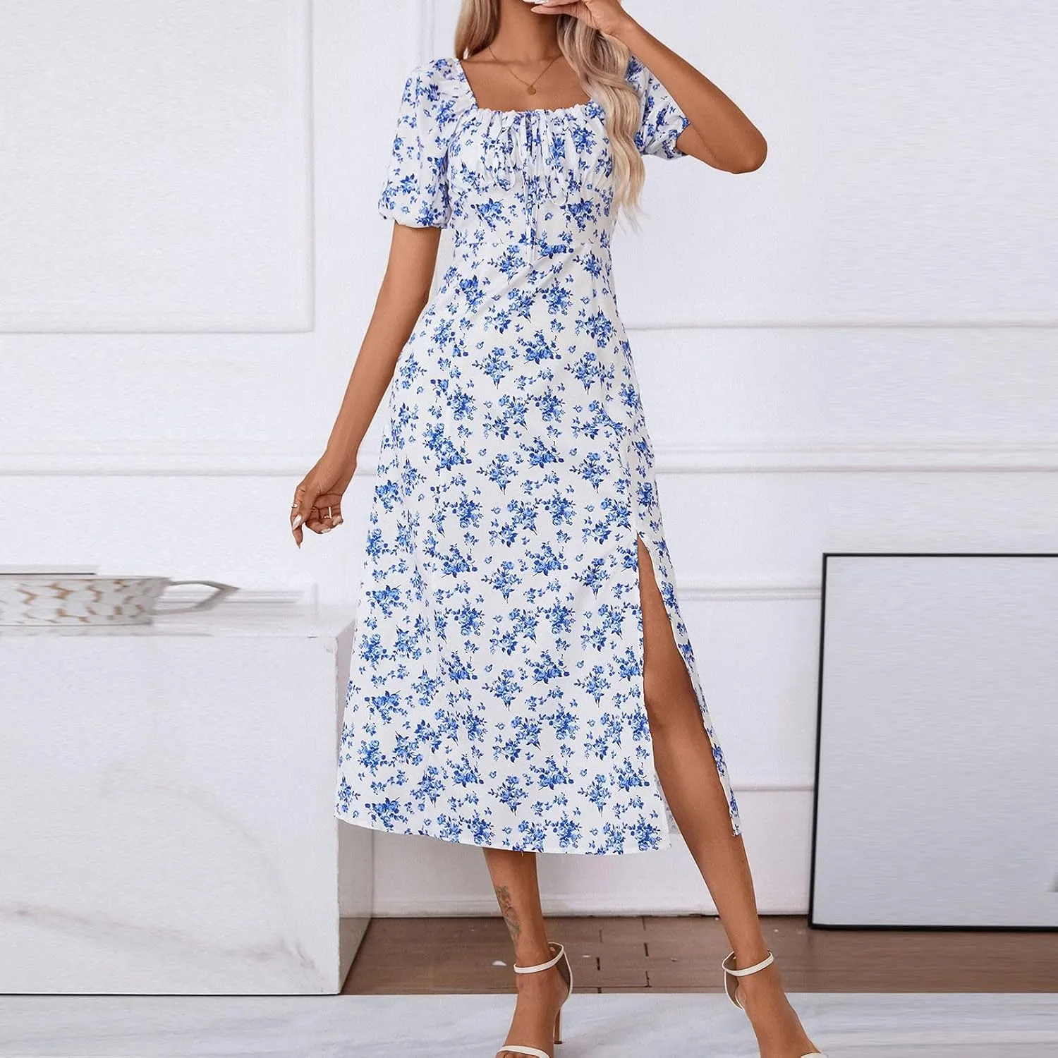 Ladies Floral Style Dress Midi Vacation Party Puff Short Sleeve Fashion Casual Side Slit Loose Fit Daily Wear Dresses