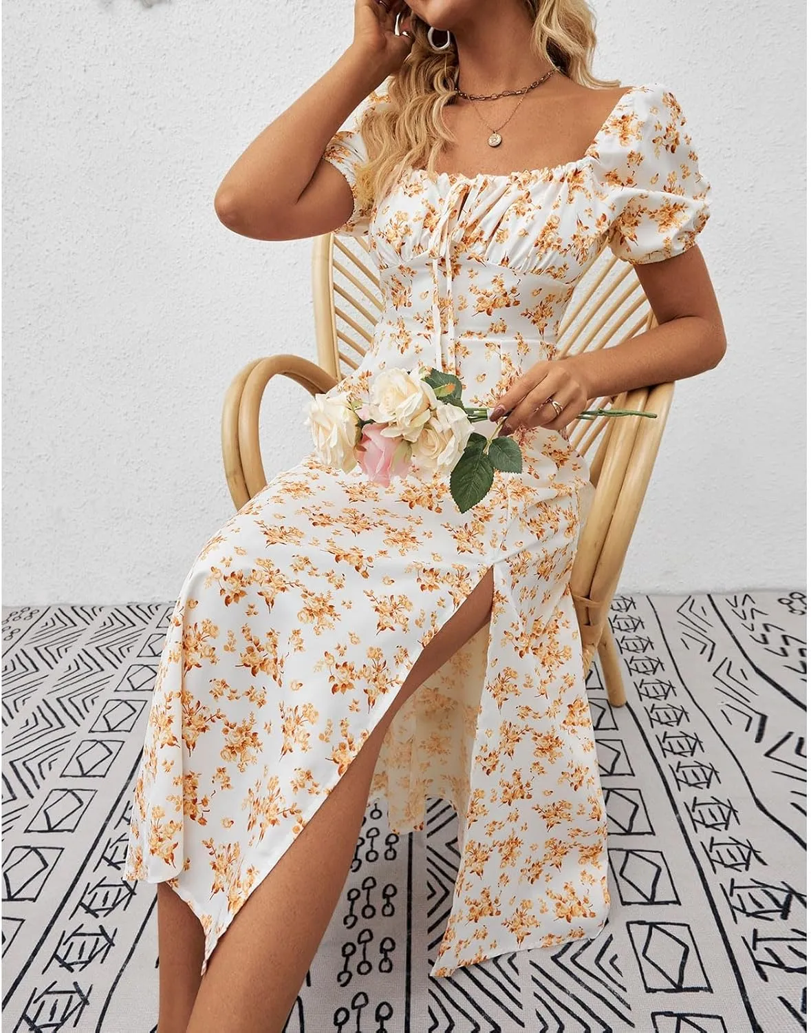 Ladies Floral Style Dress Midi Vacation Party Puff Short Sleeve Fashion Casual Side Slit Loose Fit Daily Wear Dresses