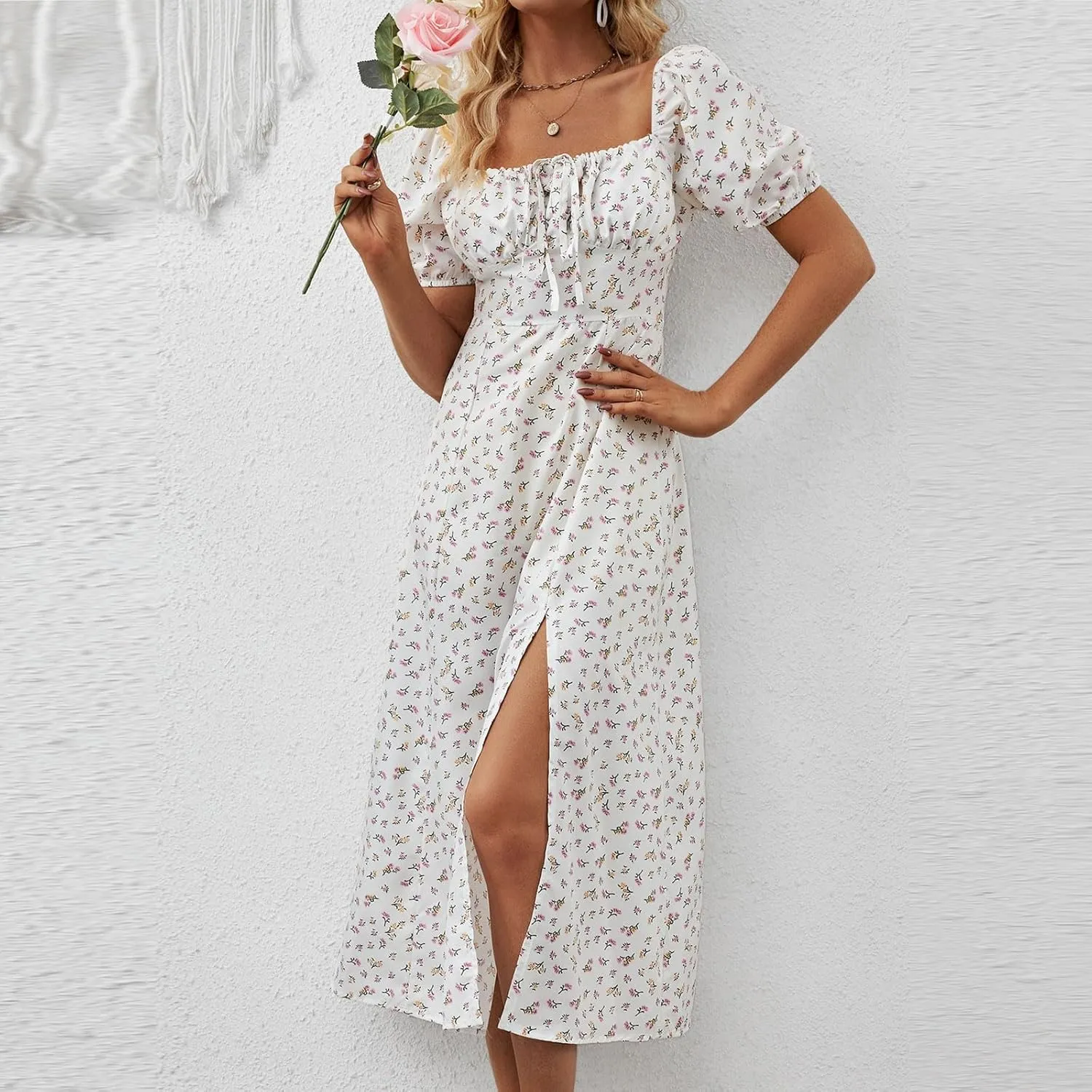 Ladies Floral Style Dress Midi Vacation Party Puff Short Sleeve Fashion Casual Side Slit Loose Fit Daily Wear Dresses