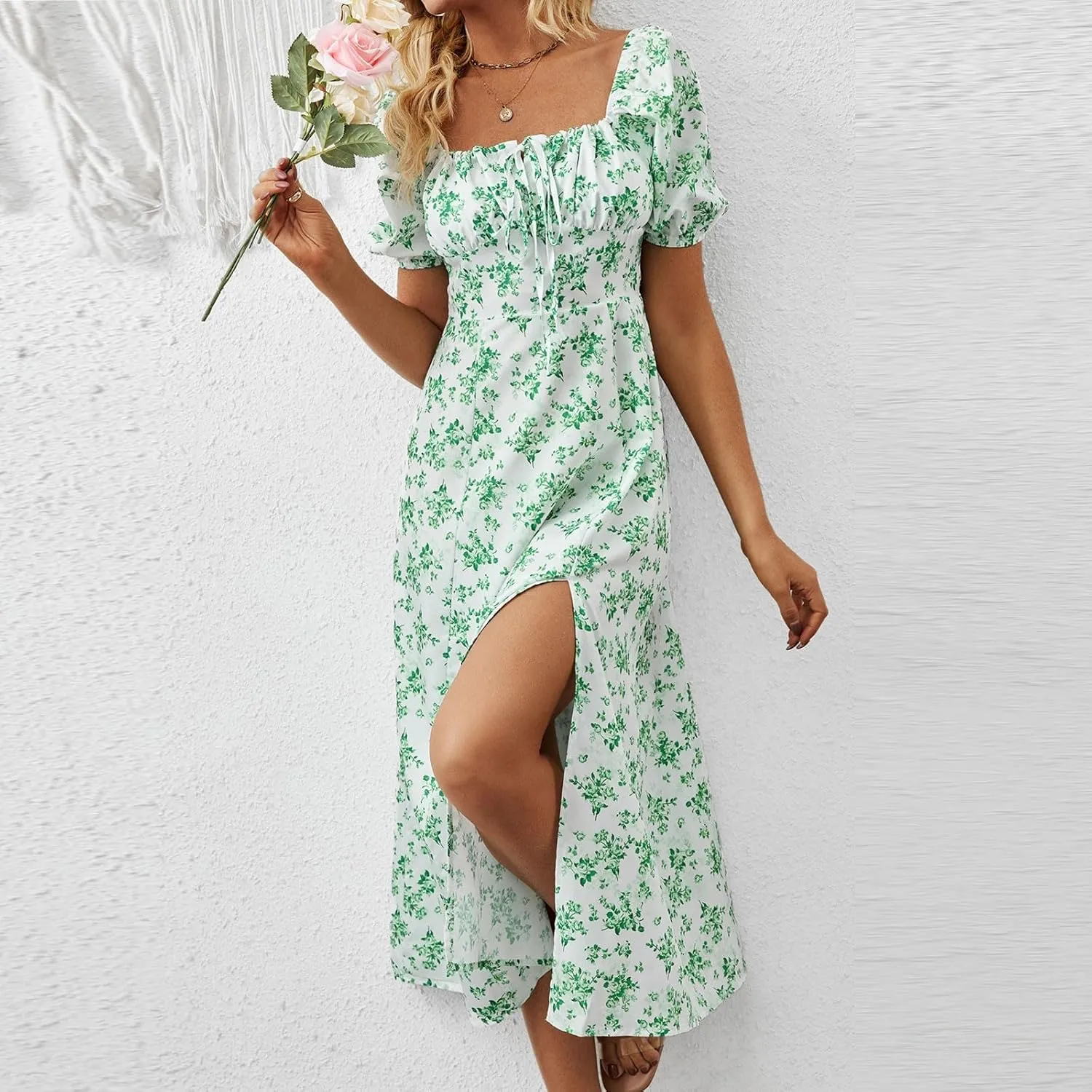 Ladies Floral Style Dress Midi Vacation Party Puff Short Sleeve Fashion Casual Side Slit Loose Fit Daily Wear Dresses