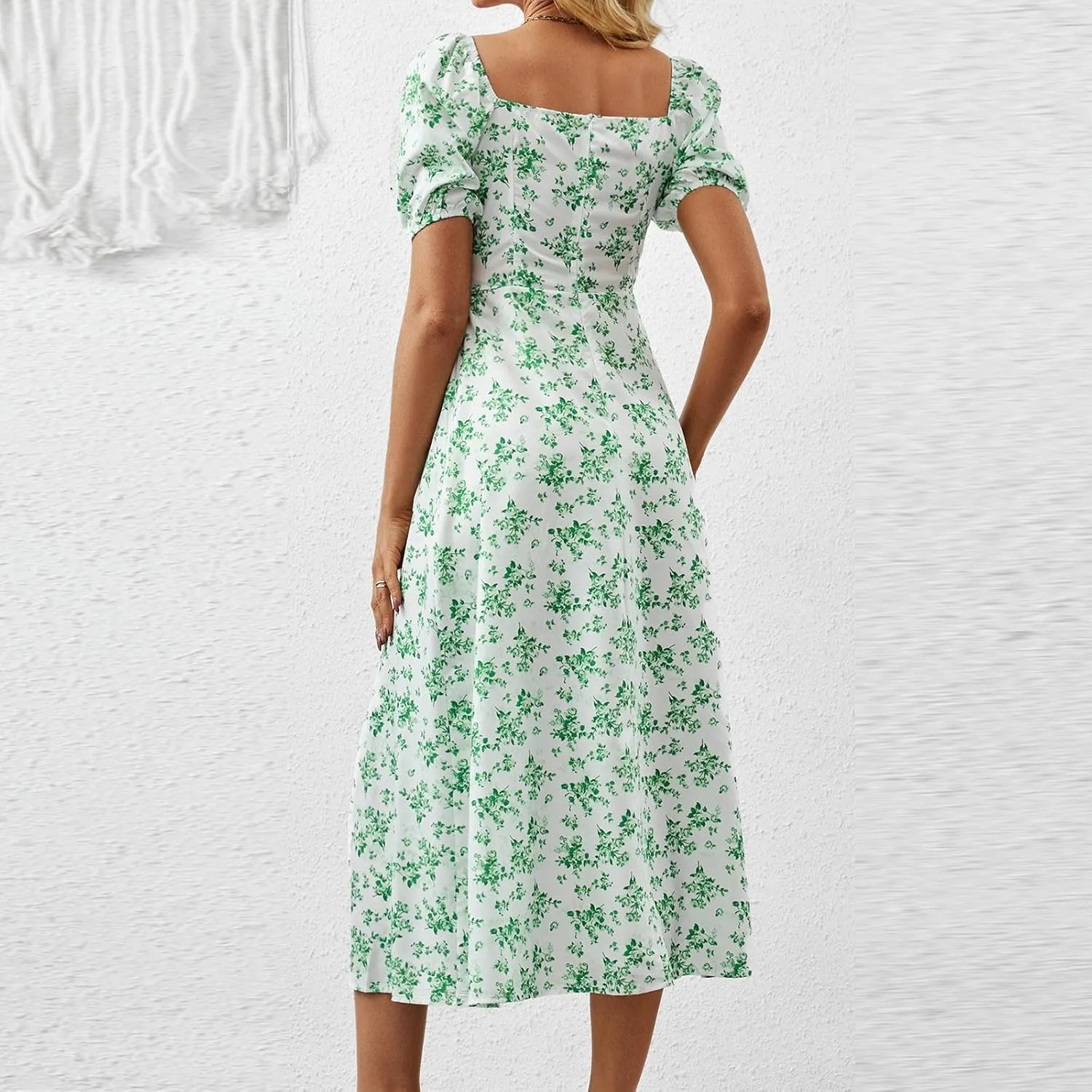 Ladies Floral Style Dress Midi Vacation Party Puff Short Sleeve Fashion Casual Side Slit Loose Fit Daily Wear Dresses