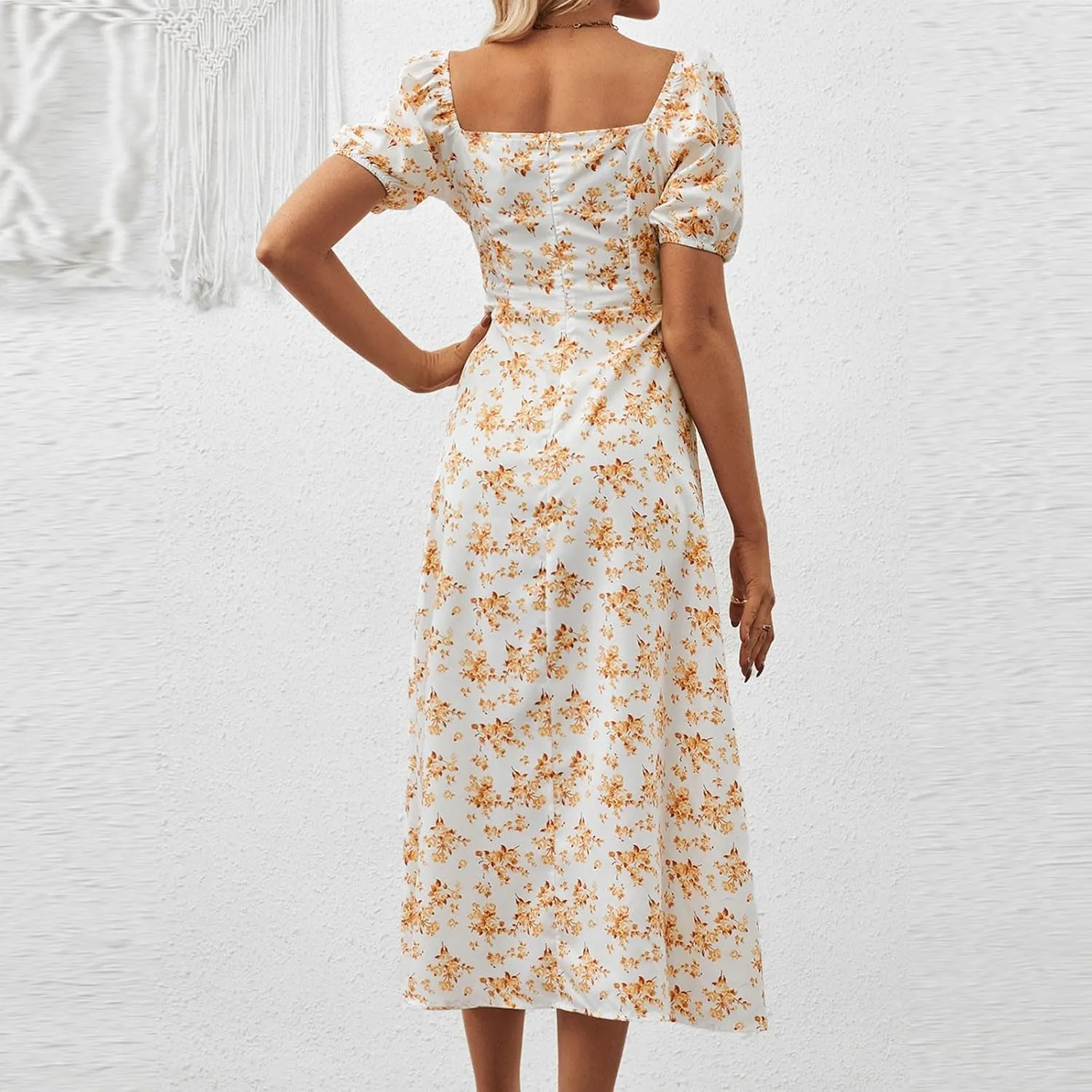 Ladies Floral Style Dress Midi Vacation Party Puff Short Sleeve Fashion Casual Side Slit Loose Fit Daily Wear Dresses
