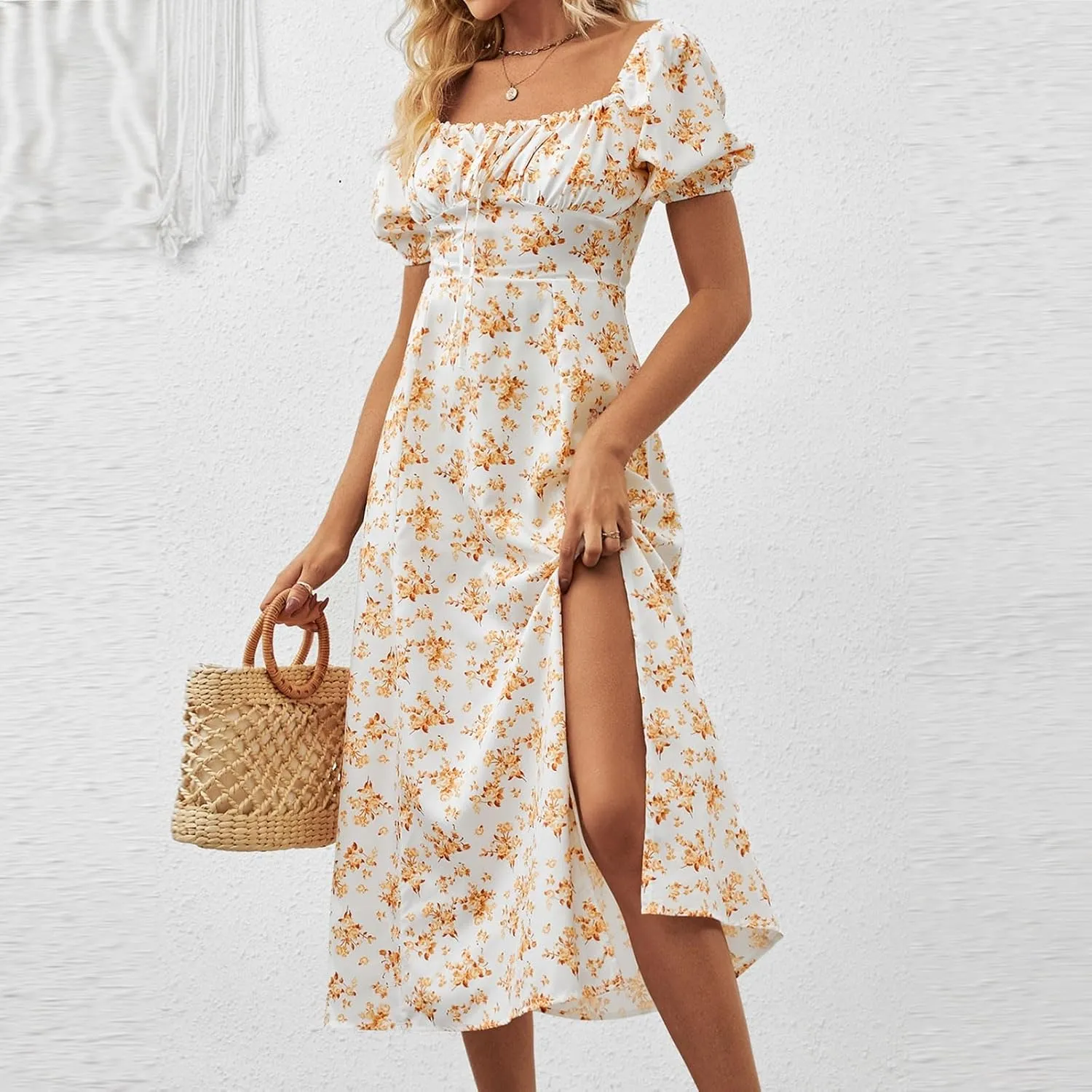 Ladies Floral Style Dress Midi Vacation Party Puff Short Sleeve Fashion Casual Side Slit Loose Fit Daily Wear Dresses