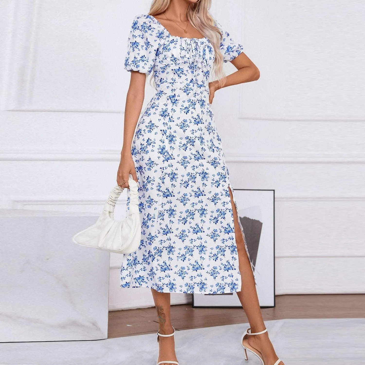 Ladies Floral Style Dress Midi Vacation Party Puff Short Sleeve Fashion Casual Side Slit Loose Fit Daily Wear Dresses