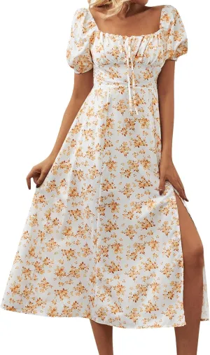 Ladies Floral Style Dress Midi Vacation Party Puff Short Sleeve Fashion Casual Side Slit Loose Fit Daily Wear Dresses
