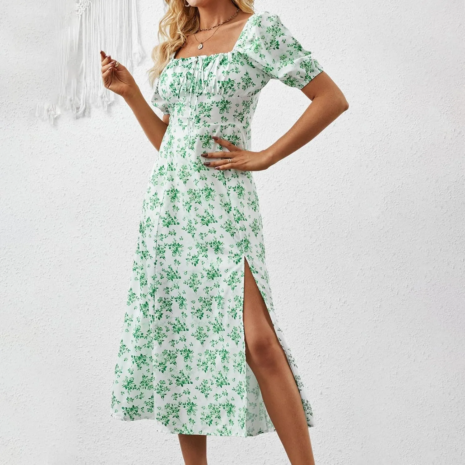 Ladies Floral Style Dress Midi Vacation Party Puff Short Sleeve Fashion Casual Side Slit Loose Fit Daily Wear Dresses