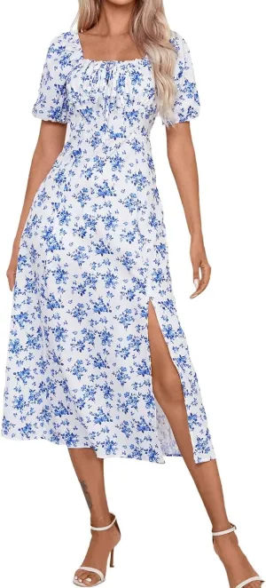 Ladies Floral Style Dress Midi Vacation Party Puff Short Sleeve Fashion Casual Side Slit Loose Fit Daily Wear Dresses