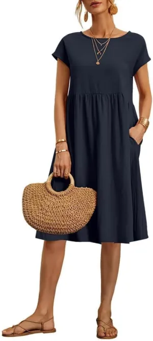 Linen Dress for Women Summer Trendy Short Sleeve Crewneck Maxi Dress Cotton Beach Dress with Pockets S-XXL