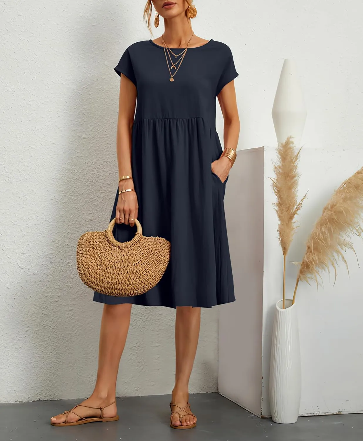Linen Dress for Women Summer Trendy Short Sleeve Crewneck Maxi Dress Cotton Beach Dress with Pockets S-XXL