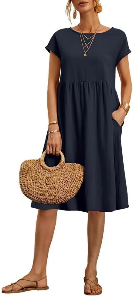 Linen Dress for Women Summer Trendy Short Sleeve Crewneck Maxi Dress Cotton Beach Dress with Pockets S-XXL