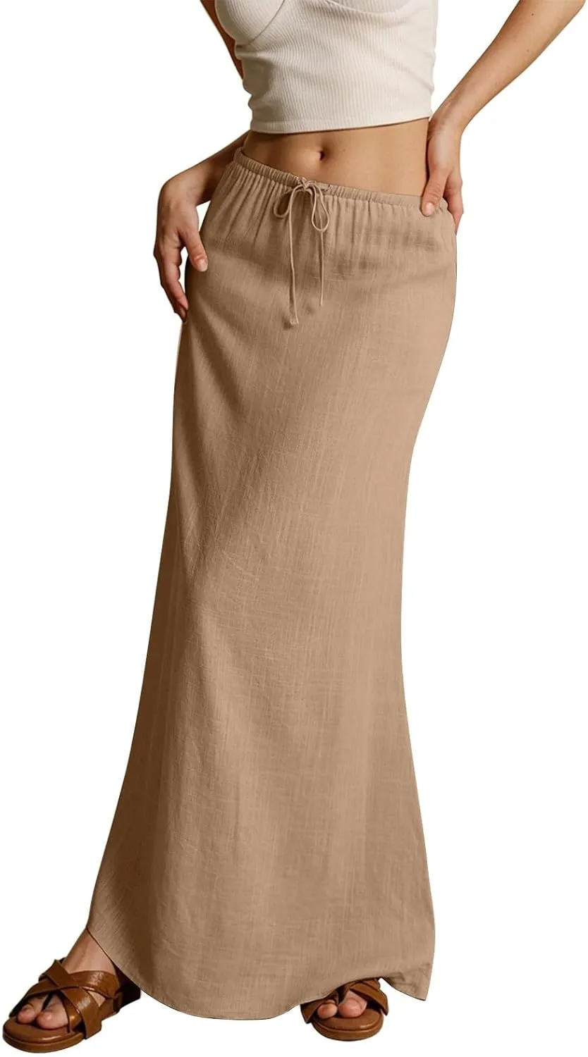 Linen Maxi Skirts for Women Trendy Summer Drawstring Low Waisted A-Line Skirts Casual Flowy Boho Beach Vacation Outfits