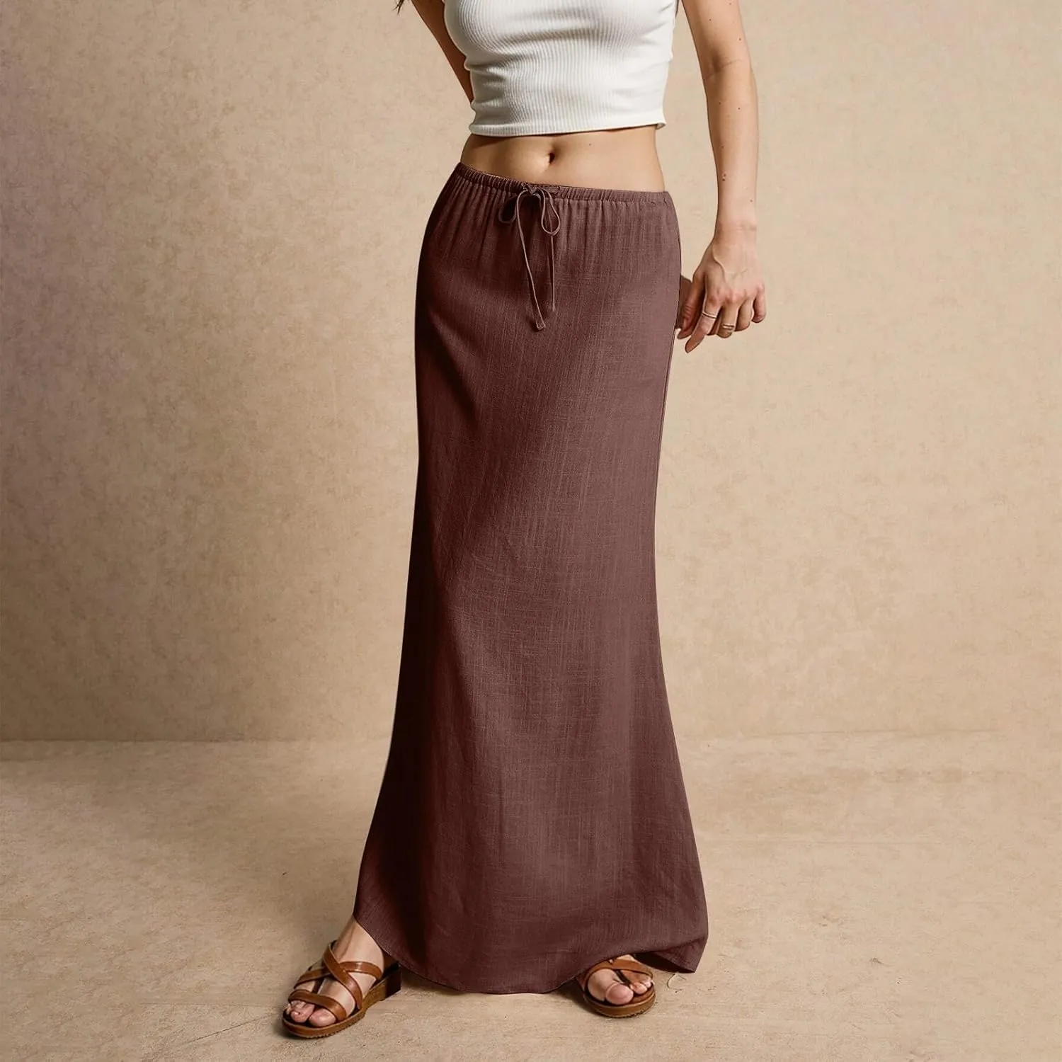 Linen Maxi Skirts for Women Trendy Summer Drawstring Low Waisted A-Line Skirts Casual Flowy Boho Beach Vacation Outfits